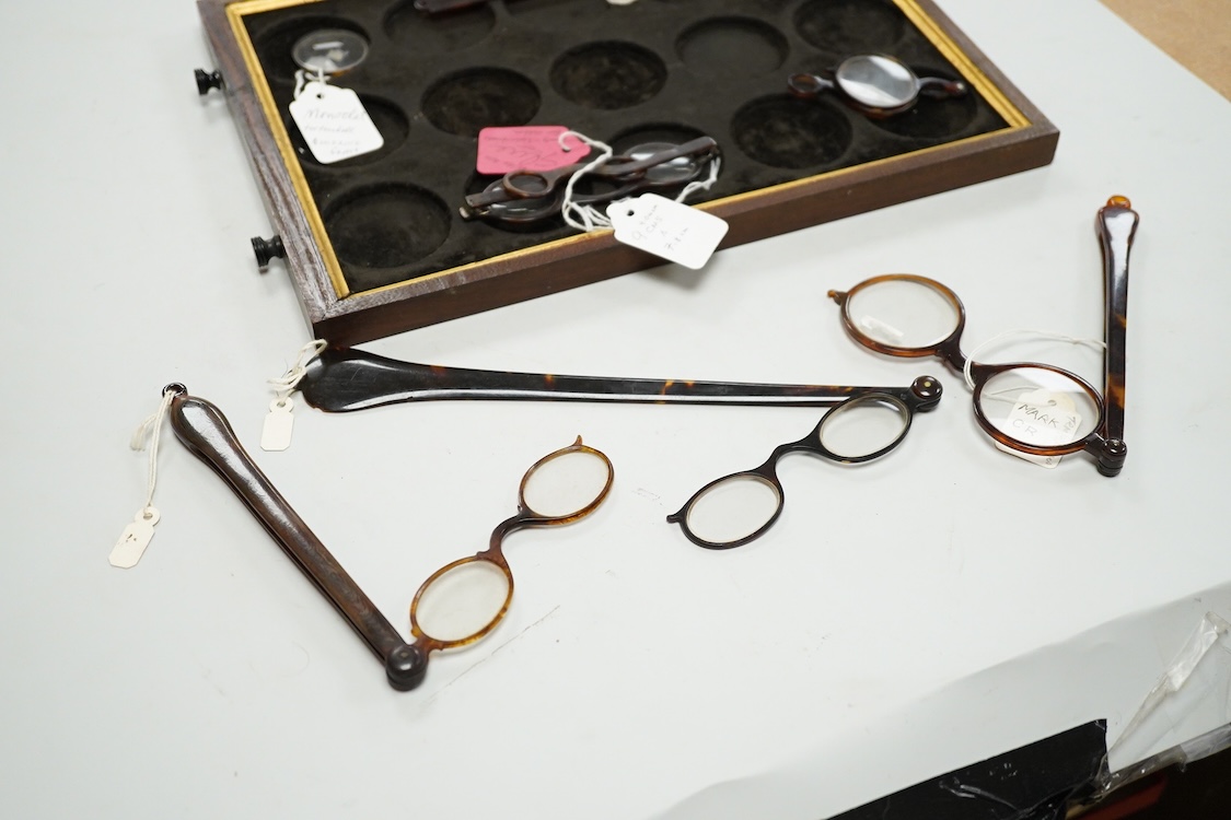 A pair of 18th-century tortoiseshell framed temple spectacles, the silver hinges with maker’s mark ‘CR,’ (one arm shortened) various tortoiseshell and simulated tortoiseshell lorgnettes, a monocle and a pair of scissor s